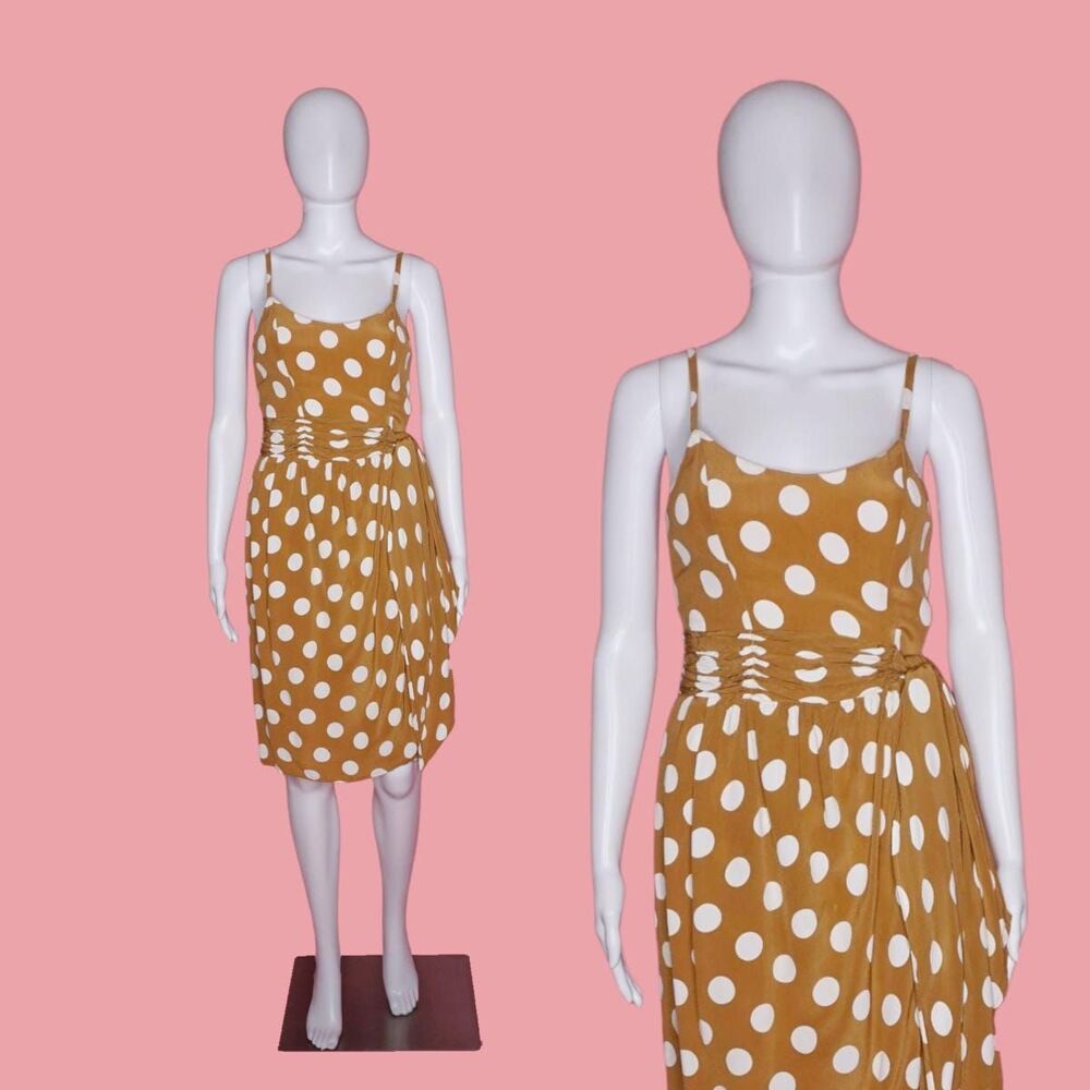 1970s-1980s PLATINE PARIS POLKA Dot Party Dress W/Cummerbund Waist. Extra Small